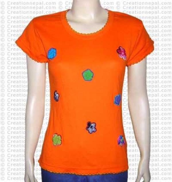 Crochet flowers rib half t-shirt
