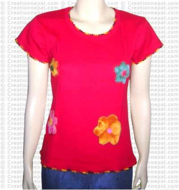 Flower patch-work rib half t-shirt