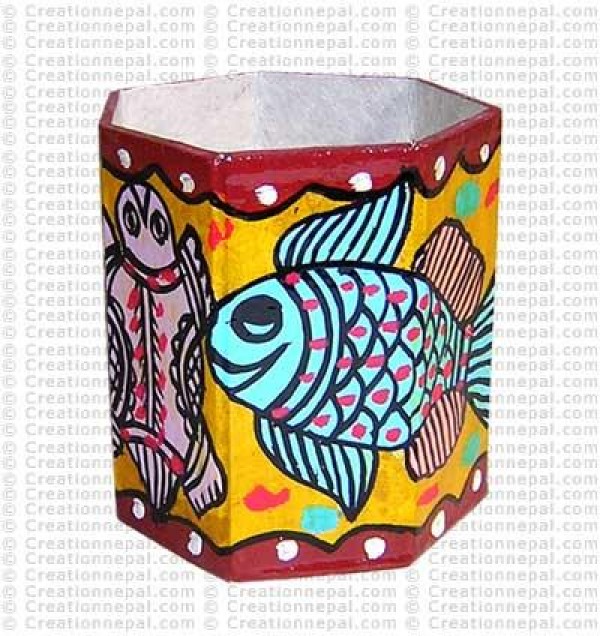 Mithila painting - Tortoise and fish pen holder
