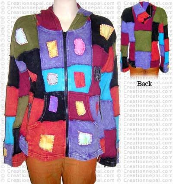Stone wash patch-work hooded top