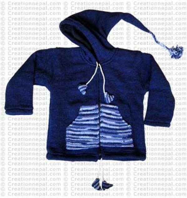 Kids size woolen long-hood Navy jacket