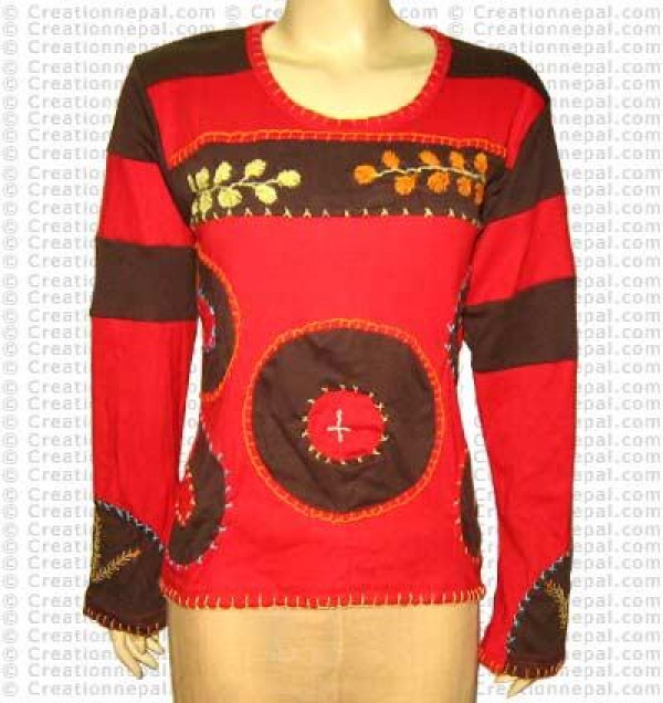Patch-work hand emb rib T-shirt