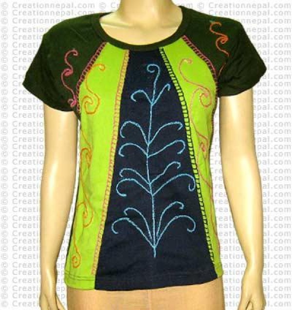 Patch-work rib hand emb T-shirt
