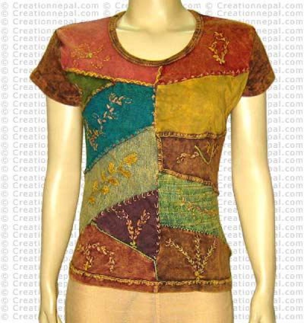 Patch-work hand emb rib T-shirt