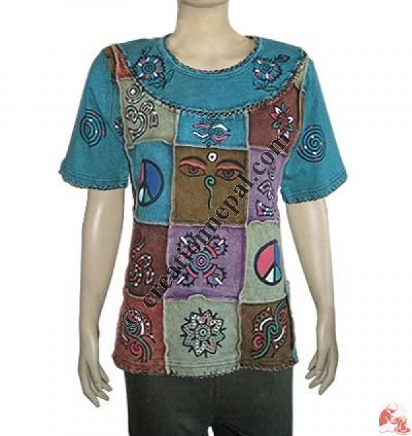 Hand paint colorful patch-work rib t-shirt