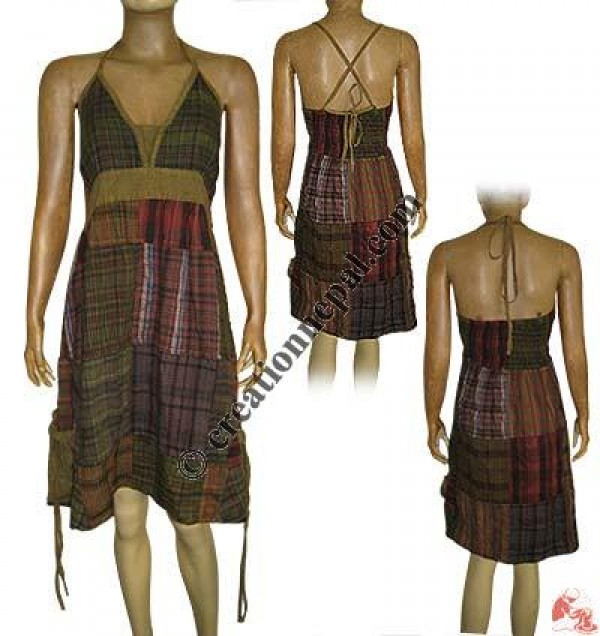 Chek cotton patch-work halter mini dress