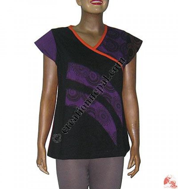 Fine rib prints and plain patch top