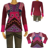 Hand embroidered multi shape patch rib T-shirt