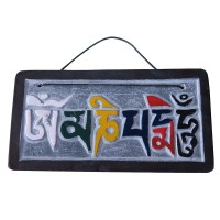 Colored Om Mani Mantra carved stone panel