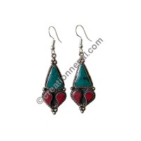 Turquoise-coral white metal earring