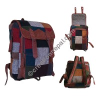 Leather cotton patch work backpack