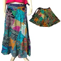 Green toned printed patch-work open skirt