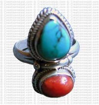 Turquoise and Coral stone finger ring