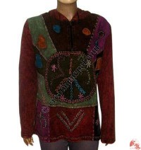 Hand embroidery, half zipper patch-work rib hooded top