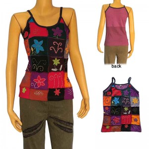 Hand embroidered squares patch work rib tank top