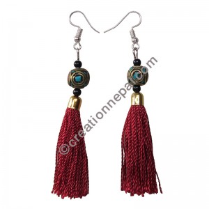 Decorated bead burgundy yarn earring