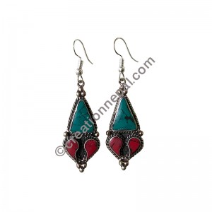 Turquoise-coral white metal earring