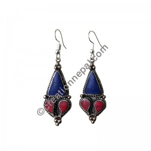 Lapis-coral white metal earring