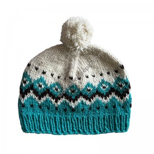 Green-white woolen pompom cap