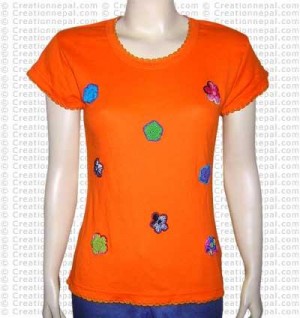Crochet flowers rib half t-shirt