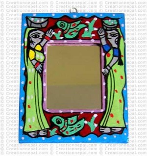 Mithila painting - girls and birds mirror