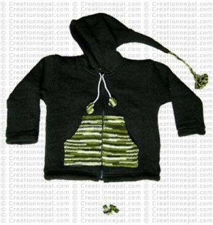 Kids size woolen long-hood Dark green jacket