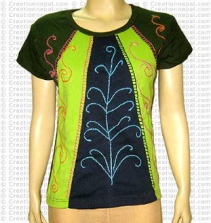 Patch-work rib hand emb T-shirt