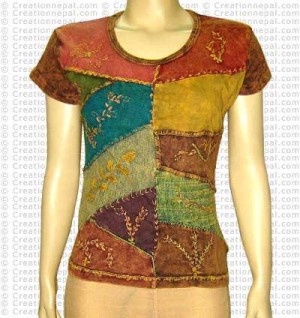 Patch-work hand emb rib T-shirt