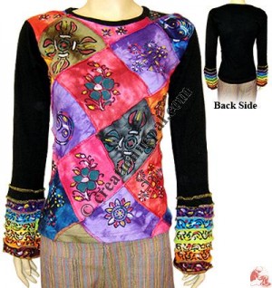 Patch-work design long sleeve rib t-shirt