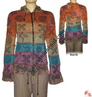 Block print colorful patch rib hooded jacket