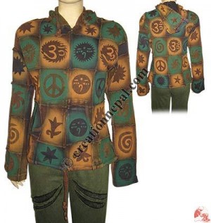 Patch-work spray print rib hooded jacket
