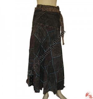 Cotton patch-work open skirt -brown