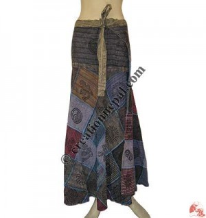 Cotton patch-work open skirt -Navy