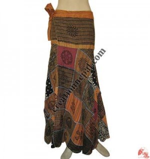 Cotton patch-work open skirt -Orange