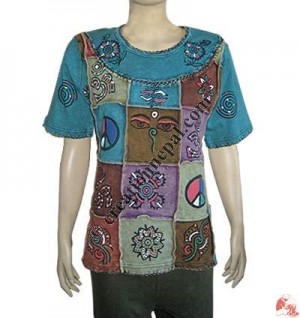 Hand paint colorful patch-work rib t-shirt