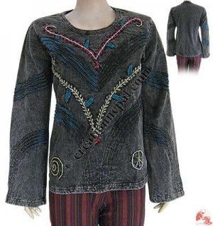V-shape embroidered razor cut rib t-shirt