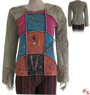 Hand embroidered long sleeves rib t-shirt