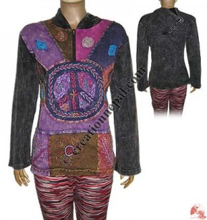 Peace embroidery patch-work hooded top