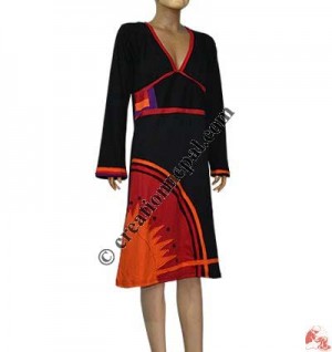 Half sun patch work pipin fine rib dress