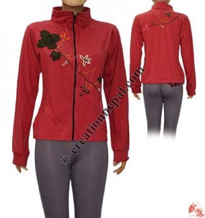 Patch-flower hand emb full zipper fine rib top