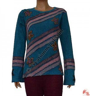 Stripes patch flower turquoise top