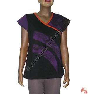 Fine rib prints and plain patch top