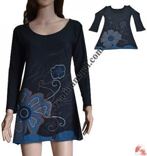 Print over hand emb flower dress