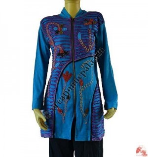 Flowers and razor-cut rib long jacket