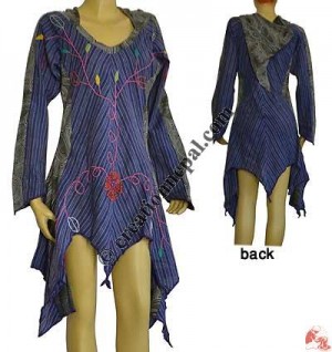 Hand-emb Ice-hood stripes cotton dress