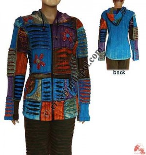 Acid brushed patch flower rib hoodie