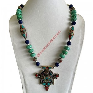 Turquoise-Lapis and decorated beads necklace with pendant