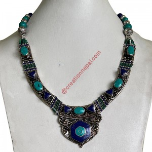 Lapis-Turquoise decorated pendant attached necklace