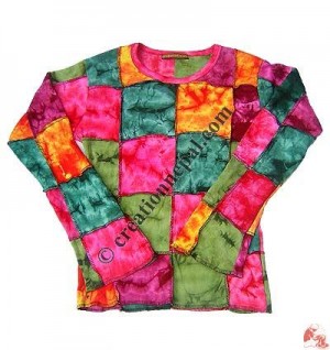 Four color square patch full sleeve rib T-shirt