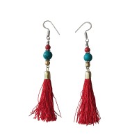 Coral-turquoise beads silk yarn earring